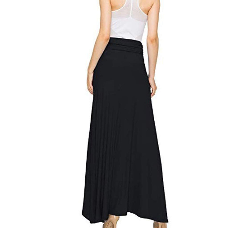 Toponly maxi faldas cómodas para mujer, básicas, plegables, de cintura alta, camisa, elegante, color puro, informal, hasta el tobillo, falda vestido, Negro, S