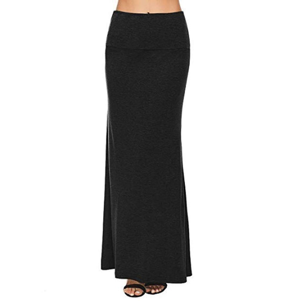 Toponly maxi faldas cómodas para mujer, básicas, plegables, de cintura alta, camisa, elegante, color puro, informal, hasta el tobillo, falda vestido, Negro, S