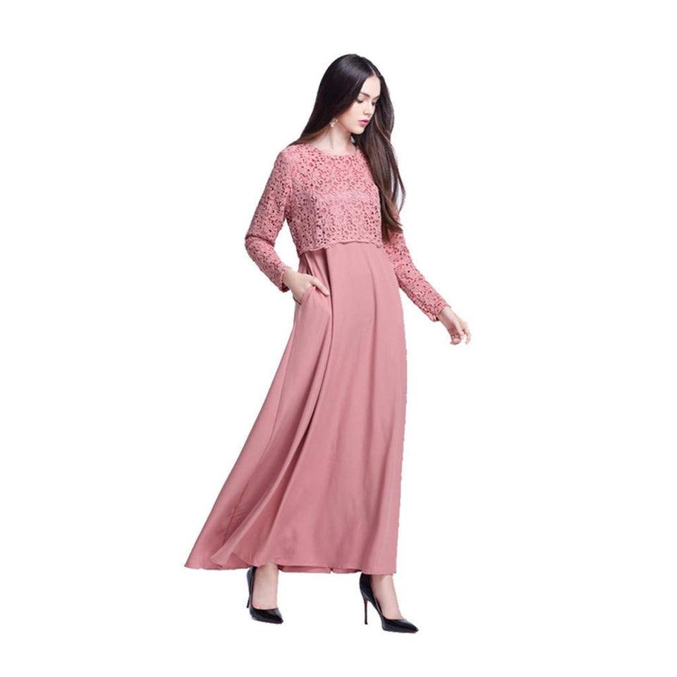 lkoezi-Muslim Clothes Clearance Vestido Maxi de Encaje para Mujer, Manga Larga, Estilo kaftán, Abaya, Falda, Casual, Vestido de Verano