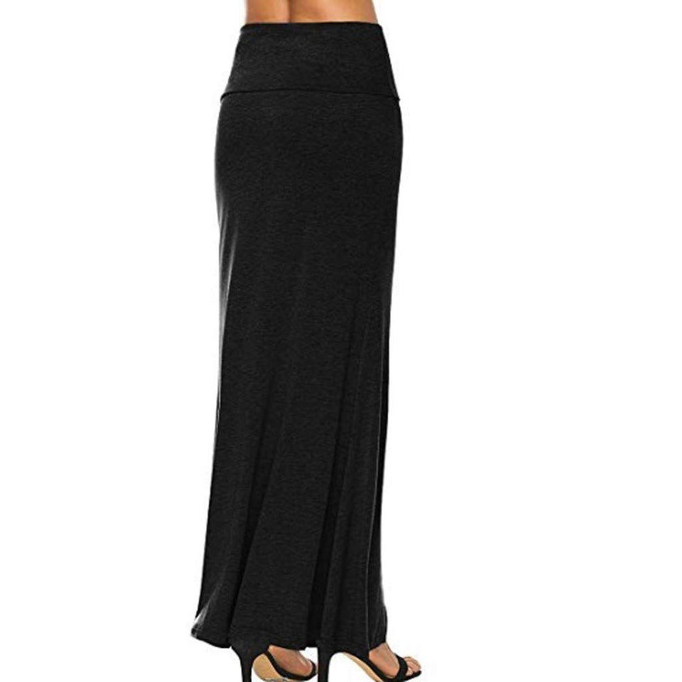 Toponly maxi faldas cómodas para mujer, básicas, plegables, de cintura alta, camisa, elegante, color puro, informal, hasta el tobillo, falda vestido, Negro, S