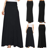 Toponly maxi faldas cómodas para mujer, básicas, plegables, de cintura alta, camisa, elegante, color puro, informal, hasta el tobillo, falda vestido, Negro, S