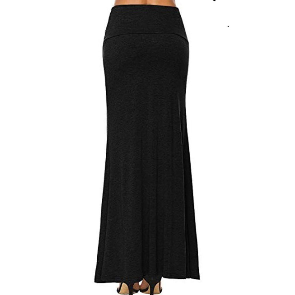 Toponly maxi faldas cómodas para mujer, básicas, plegables, de cintura alta, camisa, elegante, color puro, informal, hasta el tobillo, falda vestido, Negro, S