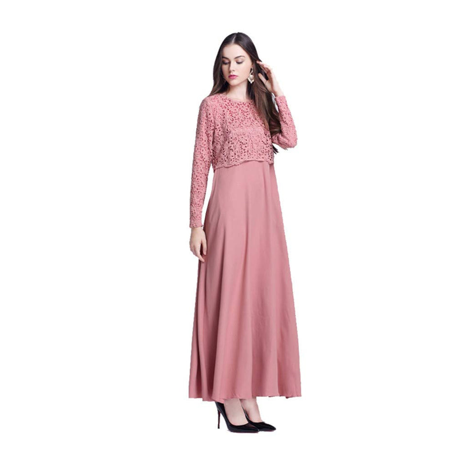lkoezi-Muslim Clothes Clearance Vestido Maxi de Encaje para Mujer, Manga Larga, Estilo kaftán, Abaya, Falda, Casual, Vestido de Verano