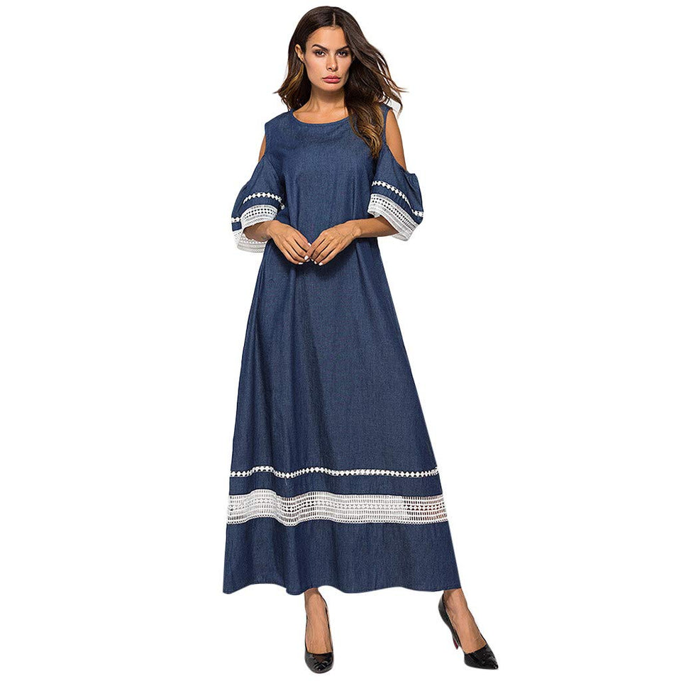 Vestido largo de manga larga para mujer, cintura alta, con empalme musulmán, de Islam Jilbab, largo falda con pliegues huecos, maxi vestido de limpieza Lkoezi, M, Azul