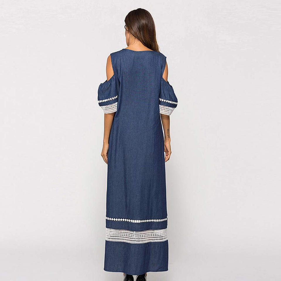 Vestido largo de manga larga para mujer, cintura alta, con empalme musulmán, de Islam Jilbab, largo falda con pliegues huecos, maxi vestido de limpieza Lkoezi, M, Azul
