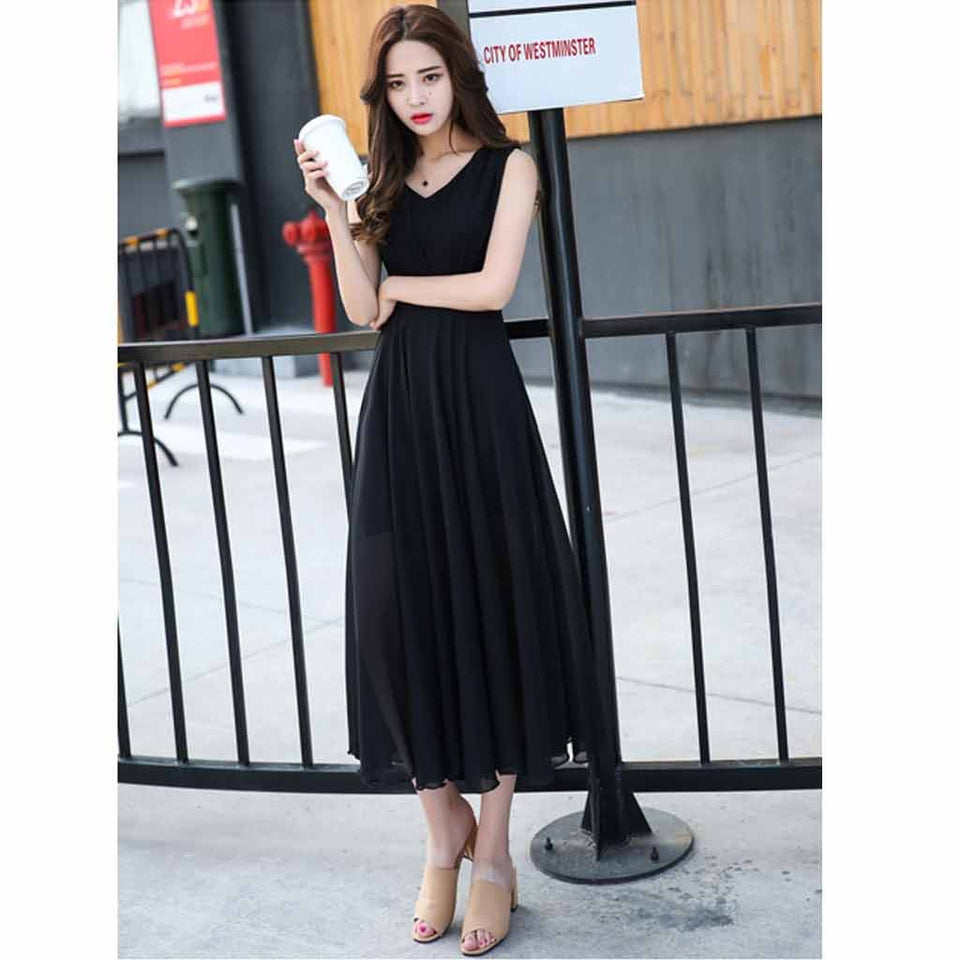 dress Vestido sin mangas de la gasa del V-cuello de Bohemia del verano nuevo Falda larga delgada de la cintura alta de la playa (Color : Negro, Tamaño : Metro)