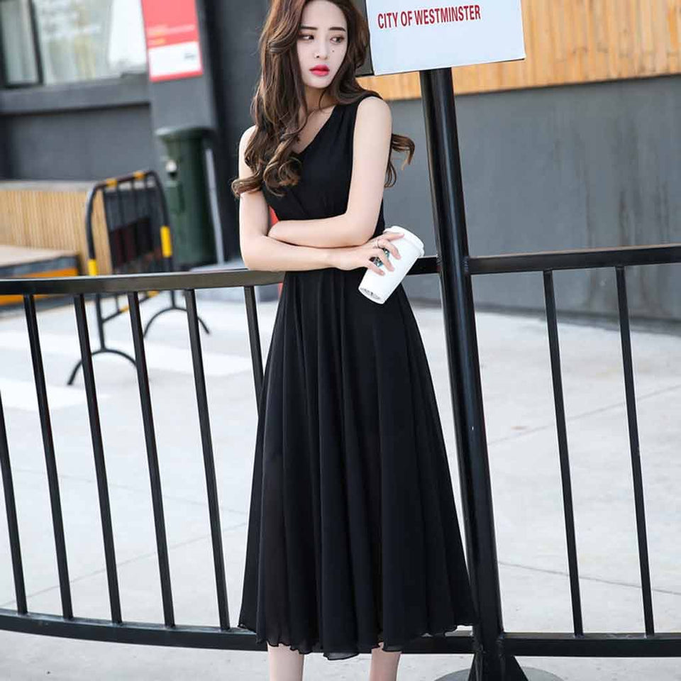 dress Vestido sin mangas de la gasa del V-cuello de Bohemia del verano nuevo Falda larga delgada de la cintura alta de la playa (Color : Negro, Tamaño : Metro)