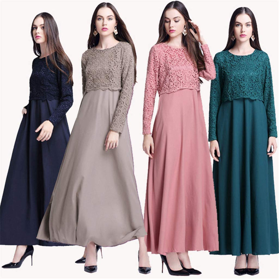 lkoezi-Muslim Clothes Clearance Vestido Maxi de Encaje para Mujer, Manga Larga, Estilo kaftán, Abaya, Falda, Casual, Vestido de Verano