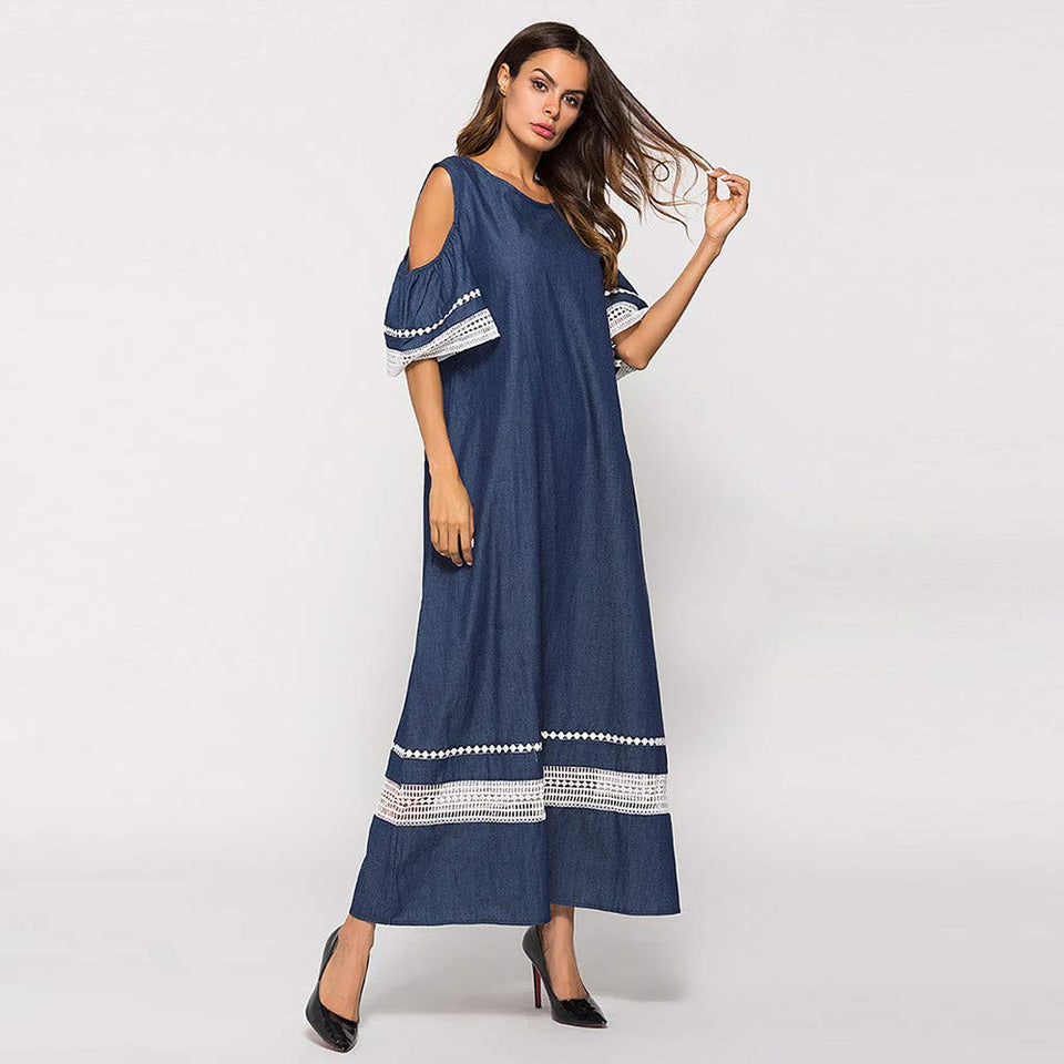 Vestido largo de manga larga para mujer, cintura alta, con empalme musulmán, de Islam Jilbab, largo falda con pliegues huecos, maxi vestido de limpieza Lkoezi, M, Azul