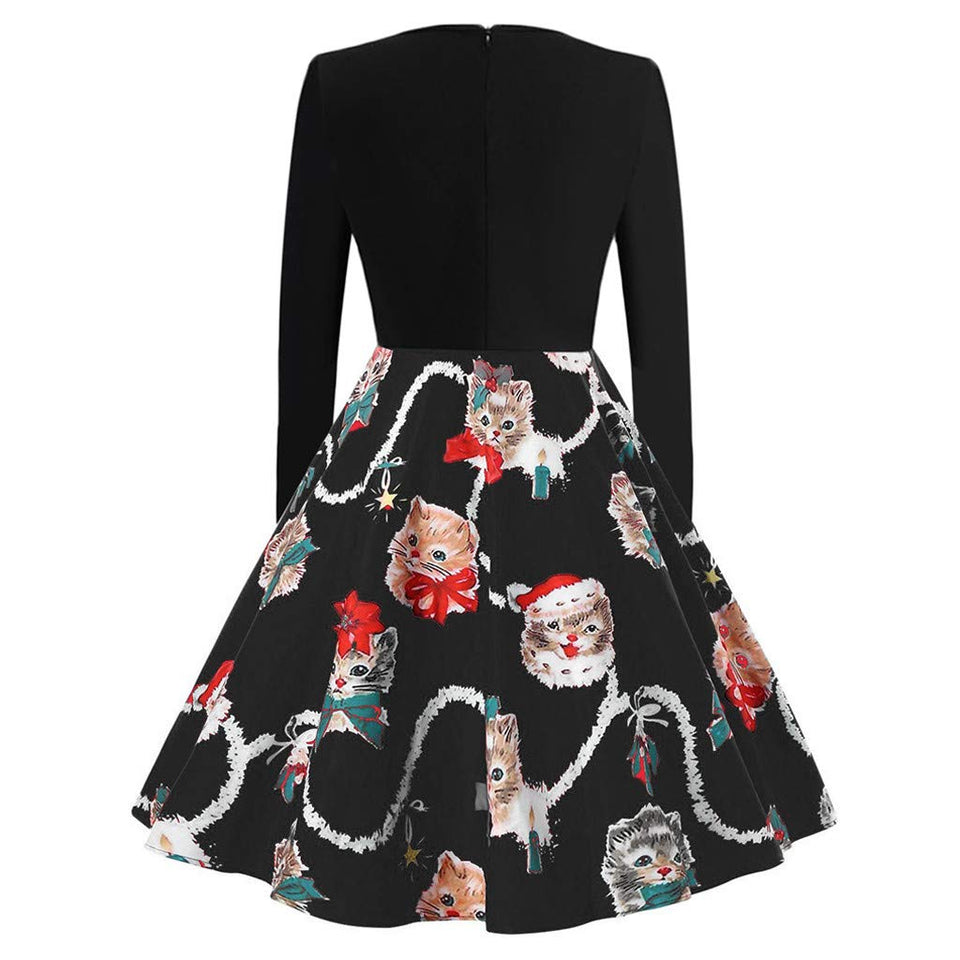 Dacawin_Christmas Dress Vestido de Manga Larga para Mujer, Estilo clásico, para Fiestas, Swing, Cintura Alta, Cuello Redondo, Faldas de hasta la Rodilla