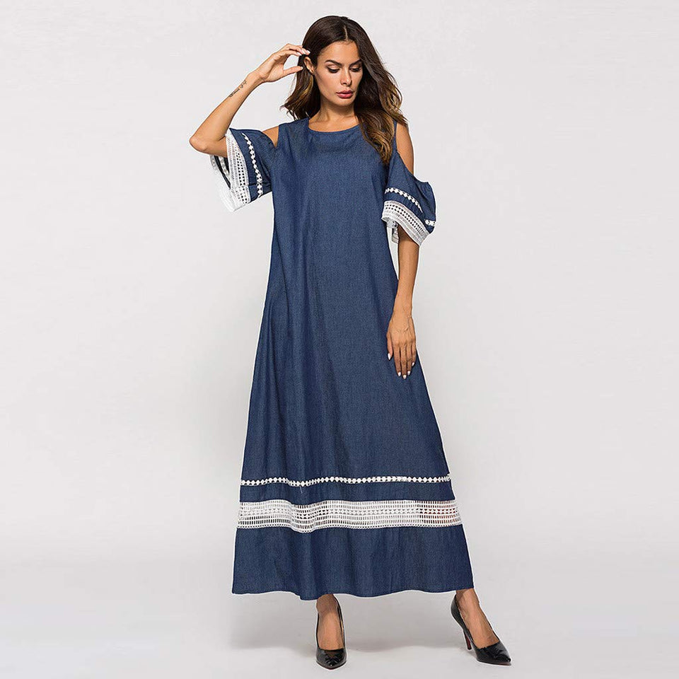 Vestido largo de manga larga para mujer, cintura alta, con empalme musulmán, de Islam Jilbab, largo falda con pliegues huecos, maxi vestido de limpieza Lkoezi, M, Azul