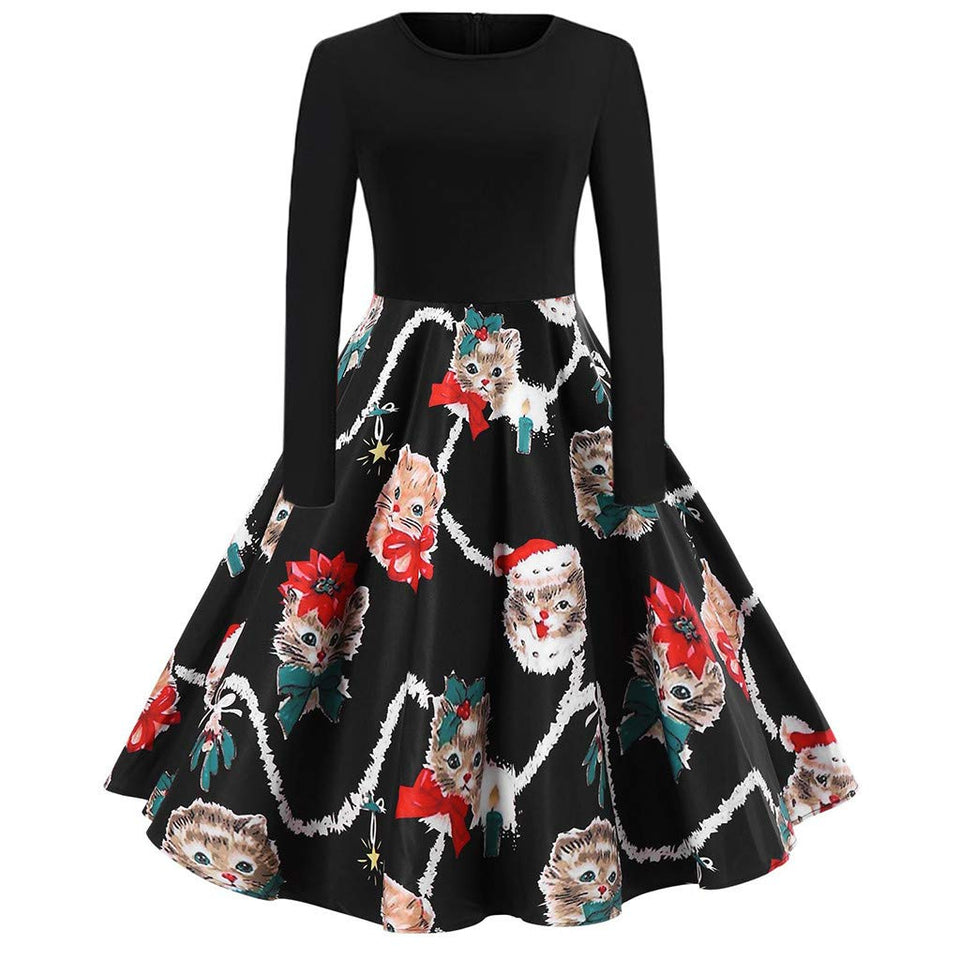 Dacawin_Christmas Dress Vestido de Manga Larga para Mujer, Estilo clásico, para Fiestas, Swing, Cintura Alta, Cuello Redondo, Faldas de hasta la Rodilla