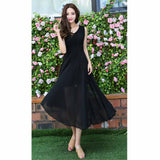 dress Vestido sin mangas de la gasa del V-cuello de Bohemia del verano nuevo Falda larga delgada de la cintura alta de la playa (Color : Negro, Tamaño : Metro)