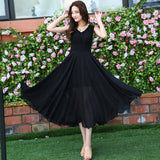 dress Vestido sin mangas de la gasa del V-cuello de Bohemia del verano nuevo Falda larga delgada de la cintura alta de la playa (Color : Negro, Tamaño : Metro)